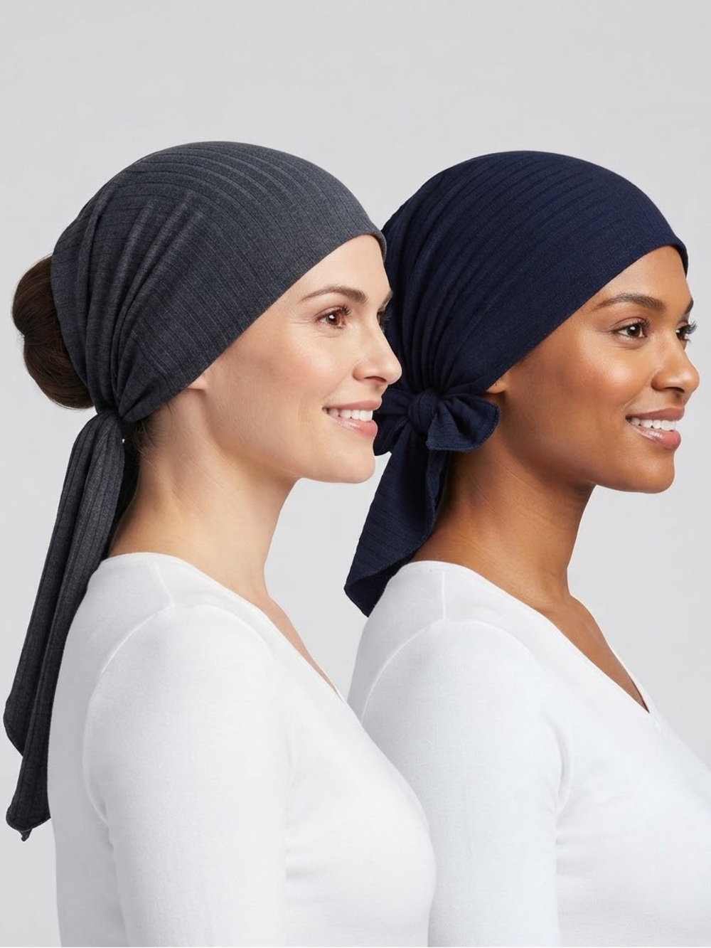 Women’s caps - headscarves- Stretch Ribbed Head Scarf Set of 2 - Navy & Charcoal
